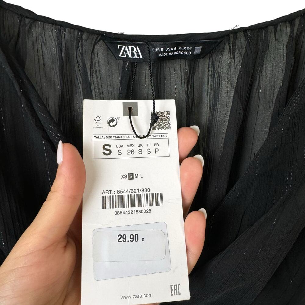 ZARA NWT Metallic Thread Black Sheer Crossover Oversized Crop Top Blouse - Picture 10 of 12